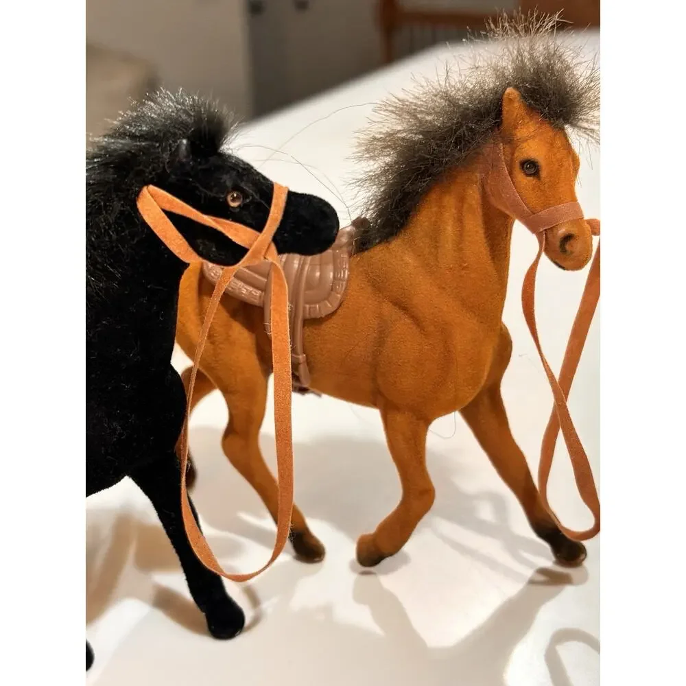 Vintage Small Flocked Plastic Horse Lot Toy Figurine Pony Brown & Black 4.75”